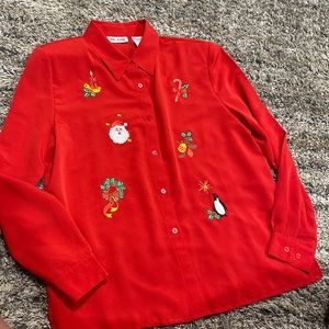 Vintage Blair Christmas button front long sleeve blouse size medium red